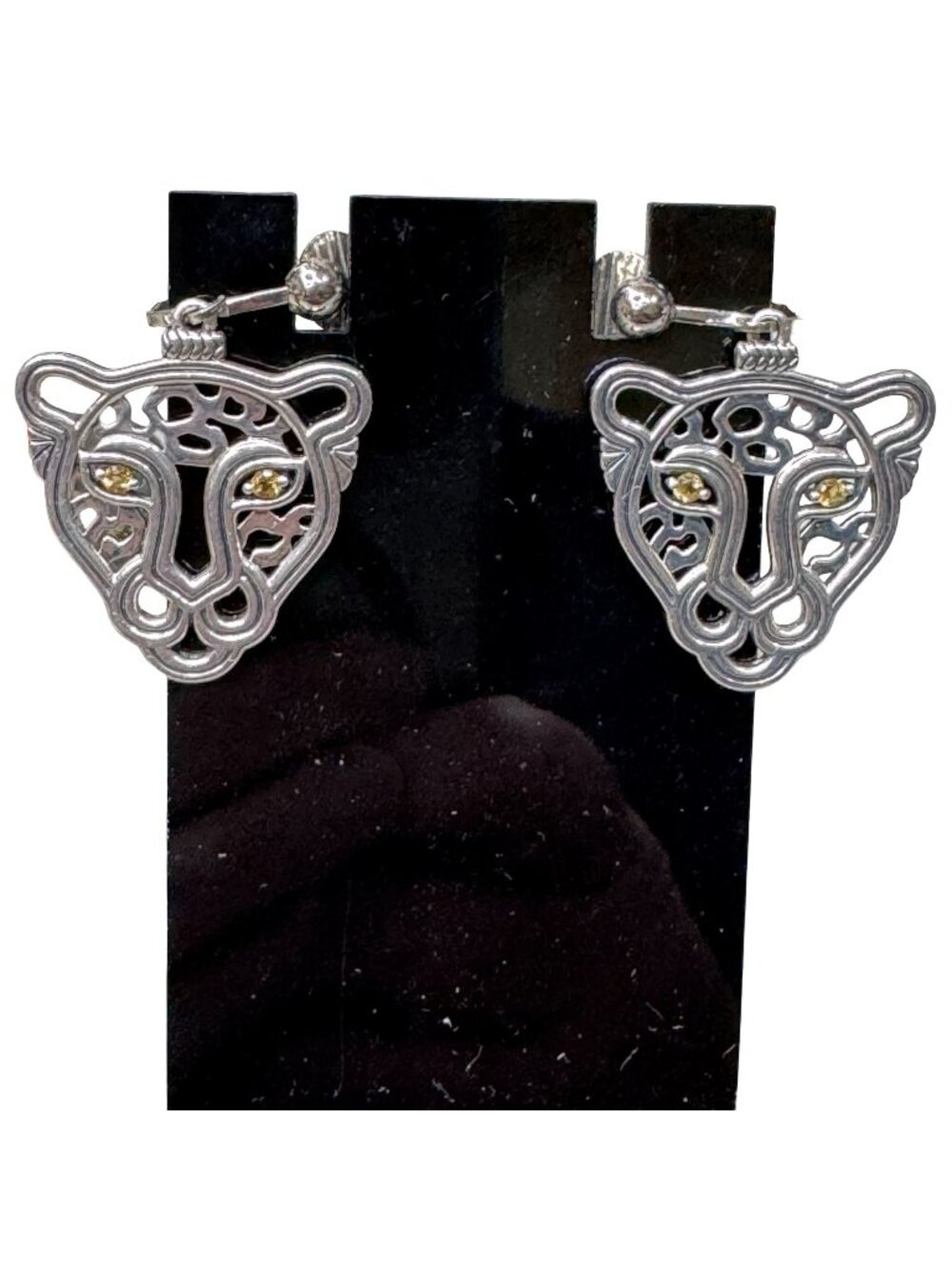 Jaguar Face Clip-On Earrings Silver-Tone Yellow Crystal Eyes Statement Animal 1"